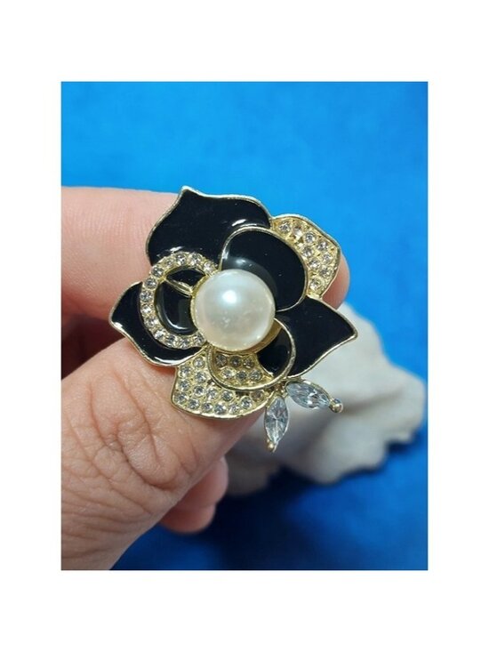 Jewelry - Gold-Tone Black Enamel Flower Brooch with Pearl Center